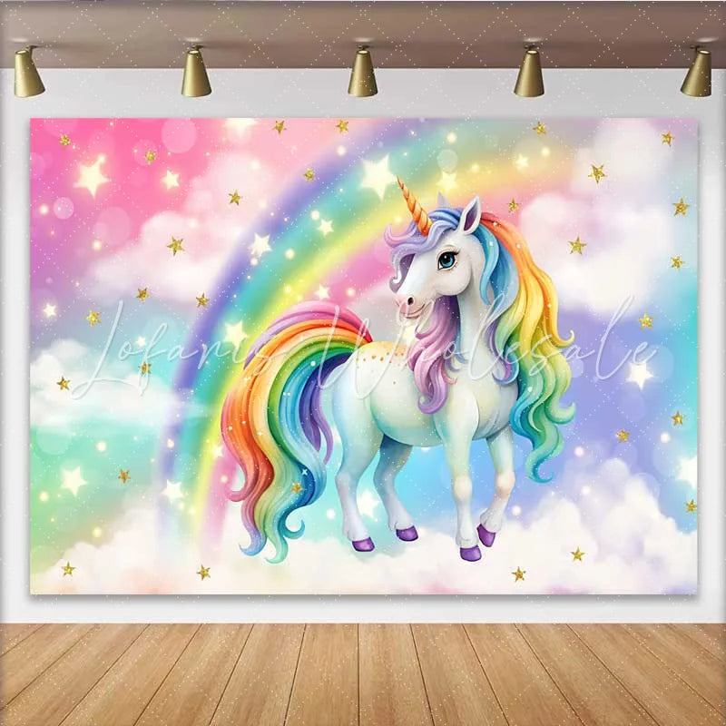 Lofaris Rainbow Mane Unicorn Backdrop Magical Starry Sky and Pastel Cloud Party Banner