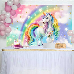 Lofaris Rainbow Mane Unicorn Backdrop Magical Starry Sky and Pastel Cloud Party Banner