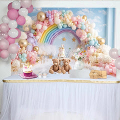 Lofaris Rainbow Teddy Bear Baby Shower Backdrop with Pastel Balloons and Clouds Dreamy Photography Background for Newborn or Kids Party