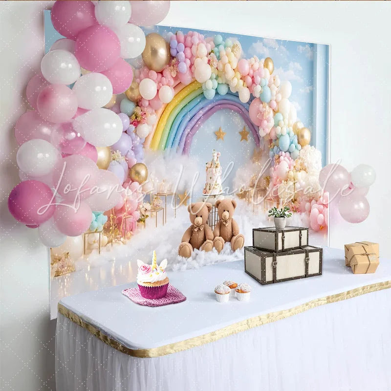 Lofaris Rainbow Teddy Bear Baby Shower Backdrop with Pastel Balloons and Clouds Dreamy Photography Background for Newborn or Kids Party