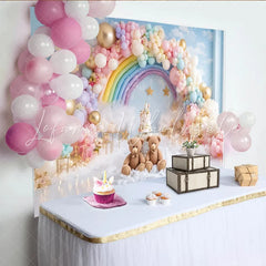 Lofaris Rainbow Teddy Bear Baby Shower Backdrop with Pastel Balloons and Clouds Dreamy Photography Background for Newborn or Kids Party