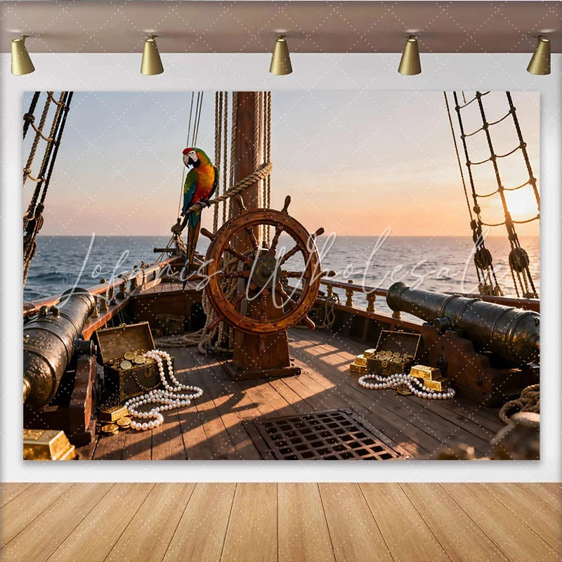 Lofaris Realistischer Piratenschiff-Partyhintergrund mit Steuerrad und Schatz für Abenteuer-Geburtstage und Events
