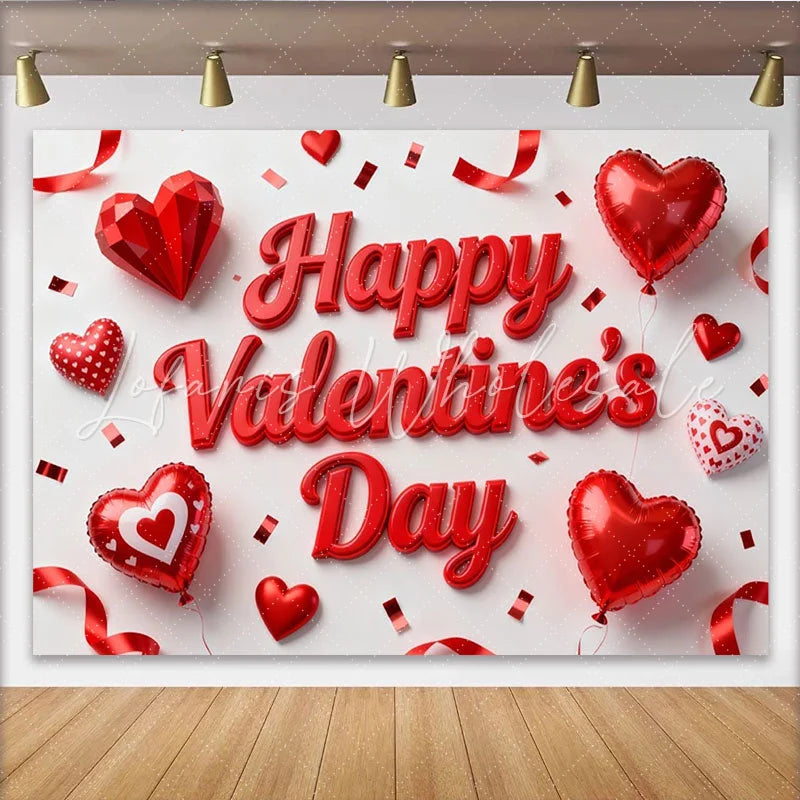 Lofaris Red 3D Happy Valentine’s Day Party Backdrop with Hearts Balloons and Confetti for Romantic Celebration