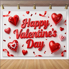 Lofaris Red 3D Happy Valentine’s Day Party Backdrop with Hearts Balloons and Confetti for Romantic Celebration