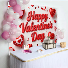 Lofaris Red 3D Happy Valentine’s Day Party Backdrop with Hearts Balloons and Confetti for Romantic Celebration