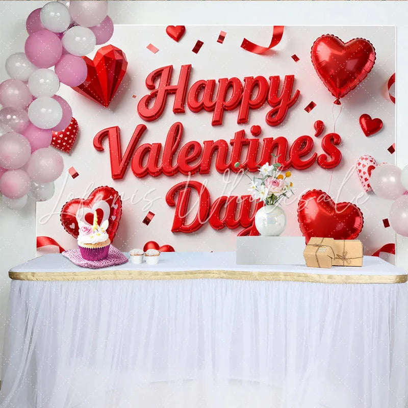 Lofaris Red 3D Happy Valentine’s Day Party Backdrop with Hearts Balloons and Confetti for Romantic Celebration