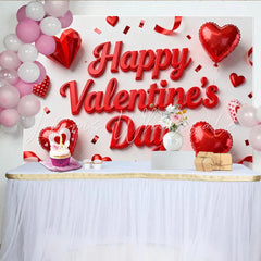 Lofaris Red 3D Happy Valentine’s Day Party Backdrop with Hearts Balloons and Confetti for Romantic Celebration