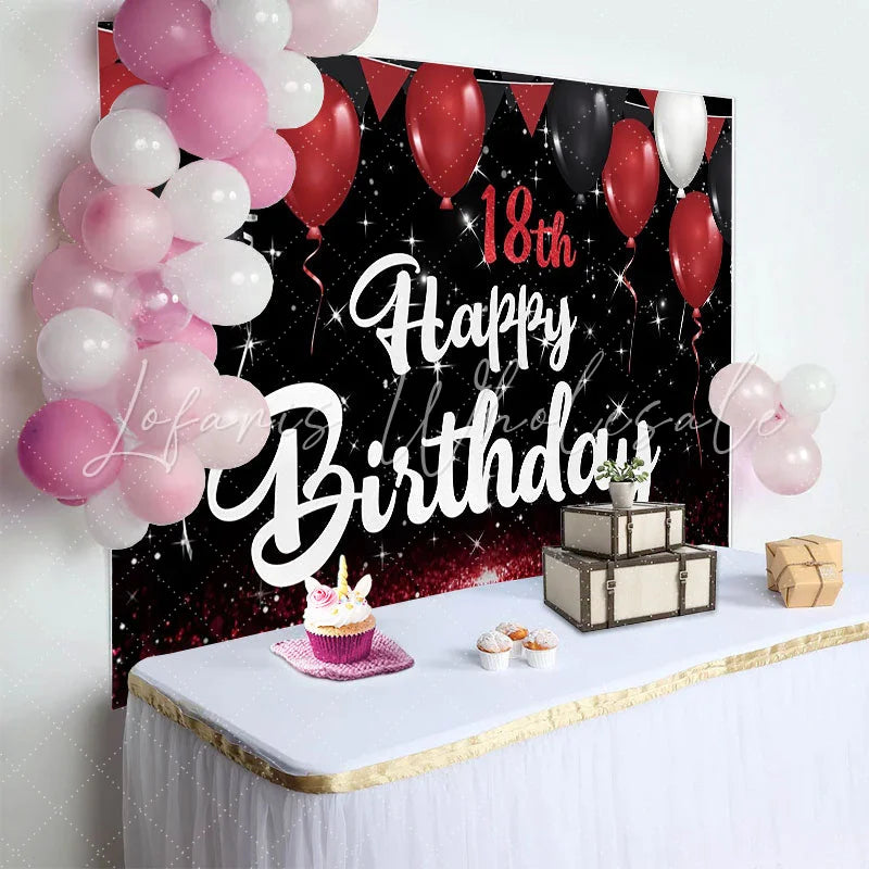 Lofaris Red and Black 18th Happy Birthday Backdrop Glitter Floor and Balloons Background Starry Night Party Decor