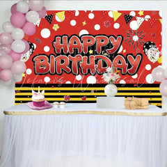 Lofaris Red and Black Polka Dot Birthday Backdrop for Kids Party Happy Birthday Cartoon Photography Background with Balloons and Flags