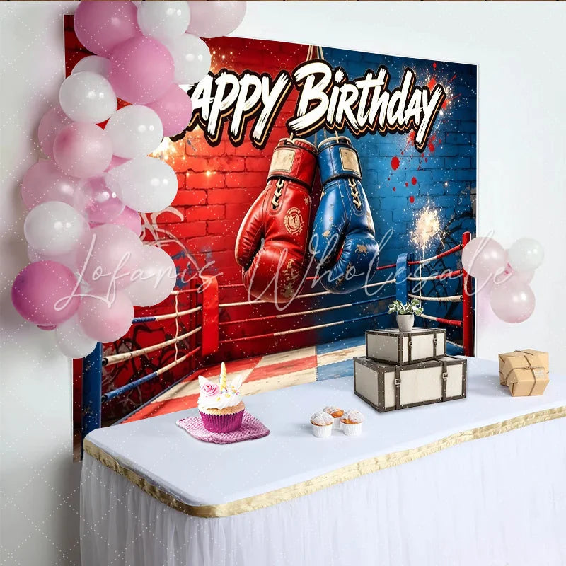 Lofaris Red and Blue Boxing Ring Sports Birthday Backdrop with Gloves Dynamic Party Background for Photo Booth Props