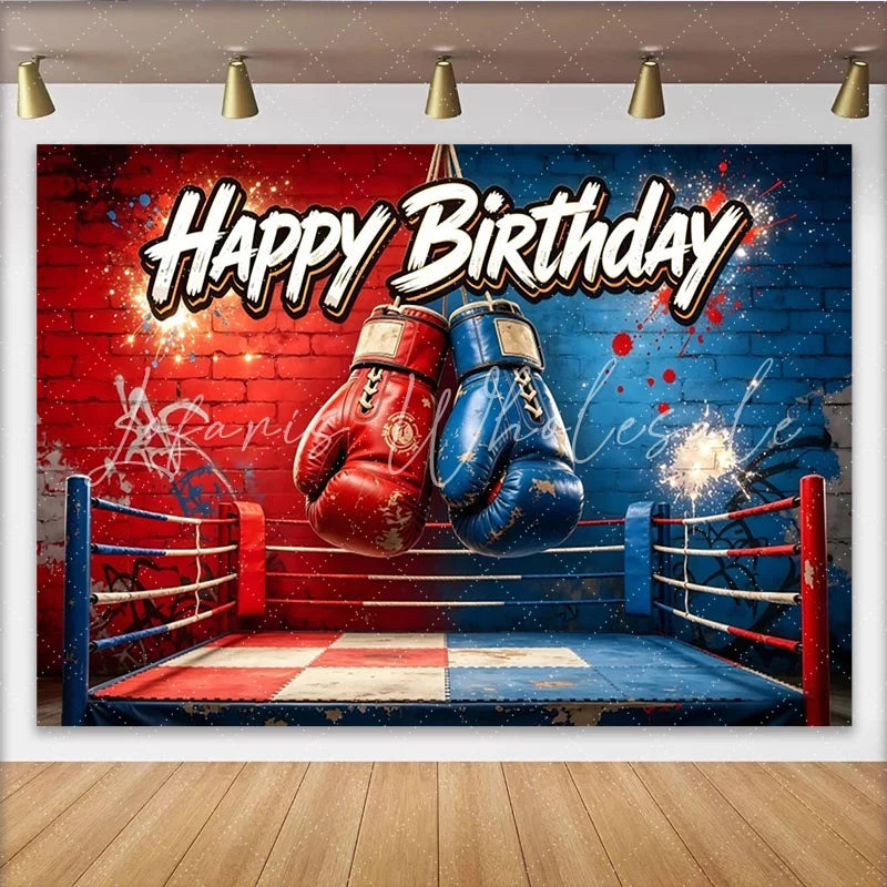 Lofaris Red and Blue Boxing Ring Sports Birthday Backdrop with Gloves Dynamic Party Background for Photo Booth Props