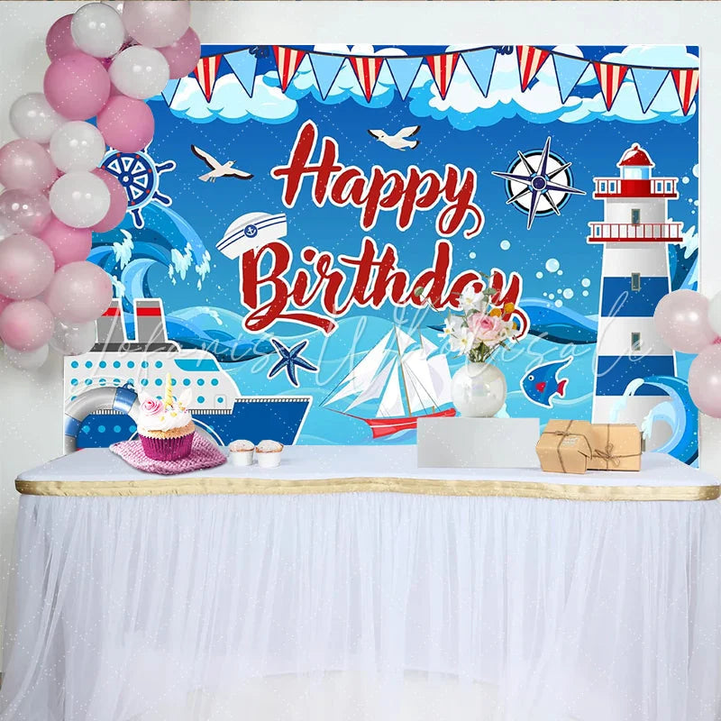 Lofaris Red and Blue Nautical Birthday Backdrop for Kids Party Ocean Theme Lighthouse and Ship Photography Background