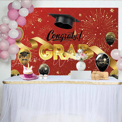 Lofaris Red and Gold Graduation Backdrop with Congrats Grad and Cap Sparkling Party Background for Celebration Decor