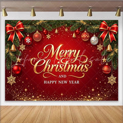 Lofaris Red and Gold Merry Christmas and Happy New Year Backdrop Festive Pine Branches and Glitter Background for Holiday Parties