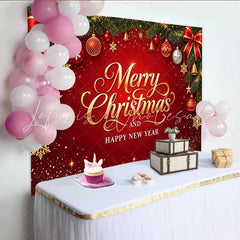 Lofaris Red and Gold Merry Christmas and Happy New Year Backdrop Festive Pine Branches and Glitter Background for Holiday Parties