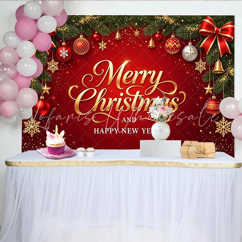 Lofaris Red and Gold Merry Christmas and Happy New Year Backdrop Festive Pine Branches and Glitter Background for Holiday Parties