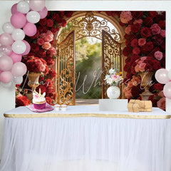 Lofaris Red and Pink Rose Photography Backdrop with Golden Gate Luxurious Studio Background for Romantic Portrait