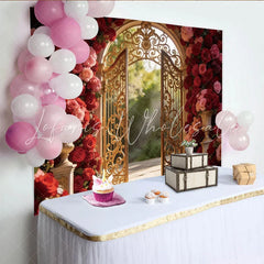 Lofaris Red and Pink Rose Photography Backdrop with Golden Gate Luxurious Studio Background for Romantic Portrait