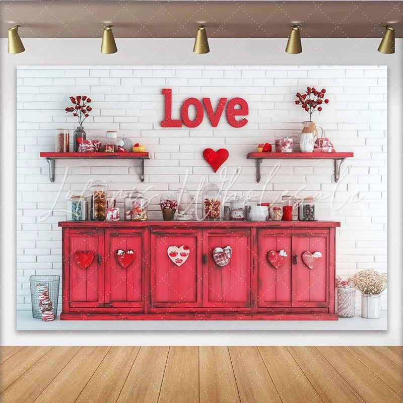 Lofaris Red and White Brick Wall Love Heart Party Backdrop Romantic Valentine’s Day Wedding Anniversary Decor