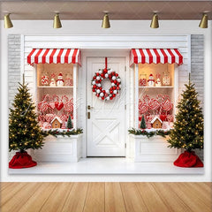 Lofaris Red and White Christmas Candy Shop Backdrop with Festive Wreath Sweet Candy Cane Gingerbread House Background for Holiday Photos