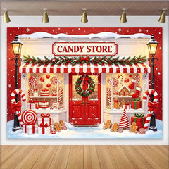 Lofaris Red and White Christmas Candy Store Backdrop with Snow Gingerbread and Lollipops Background for Holiday Party Photography