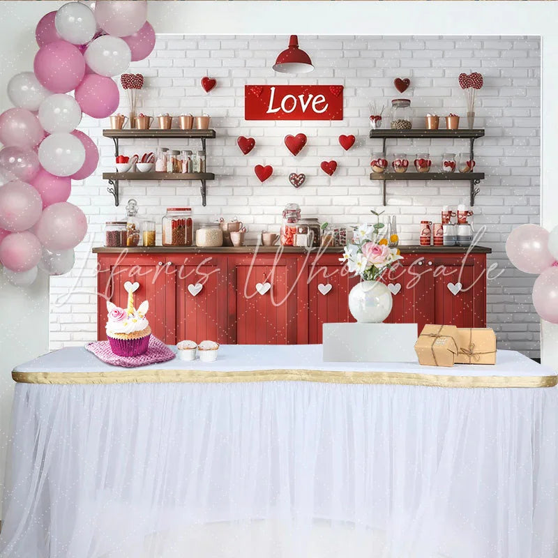 Lofaris Red and White Love Sign and Hearts Party Backdrop Rustic Brick Wall Valentine’s Day Decor