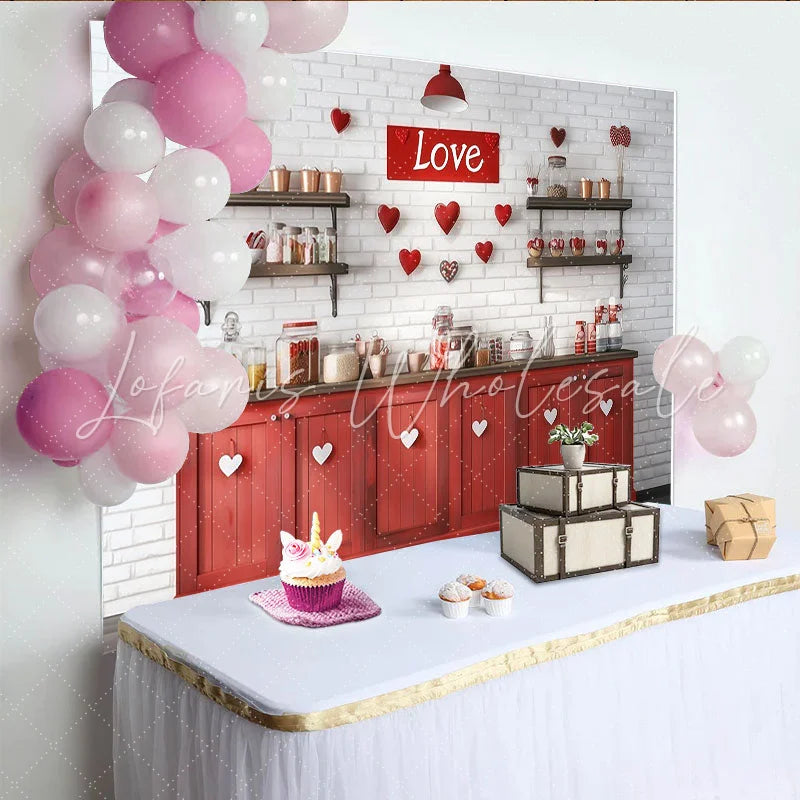 Lofaris Red and White Love Sign and Hearts Party Backdrop Rustic Brick Wall Valentine’s Day Decor