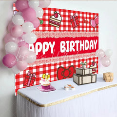 Lofaris Red and White Plaid Happy Birthday Backdrop Cute Bows Gifts and Balloons Party Background