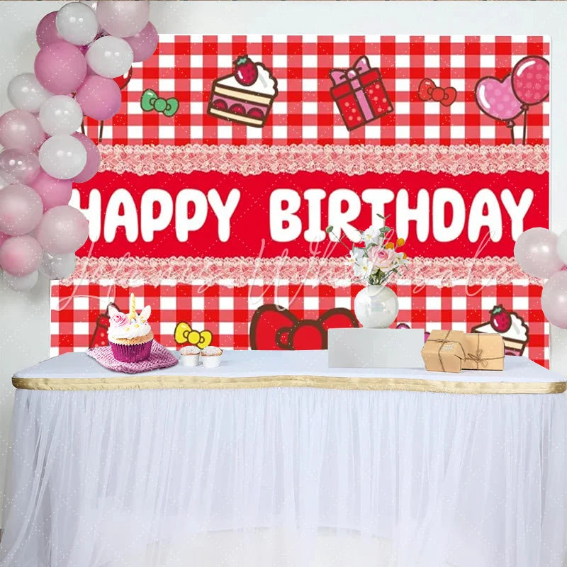 Lofaris Red and White Plaid Happy Birthday Backdrop Cute Bows Gifts and Balloons Party Background