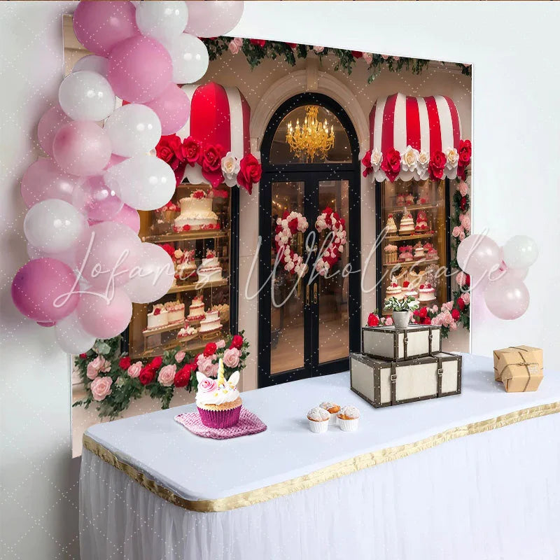 Lofaris Red and White Rose Bakery Party Backdrop Elegant Floral Shop Window for Birthday and Wedding Celebration
