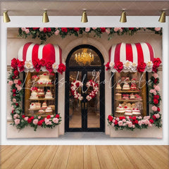 Lofaris Red and White Rose Bakery Party Backdrop Elegant Floral Shop Window for Birthday and Wedding Celebration