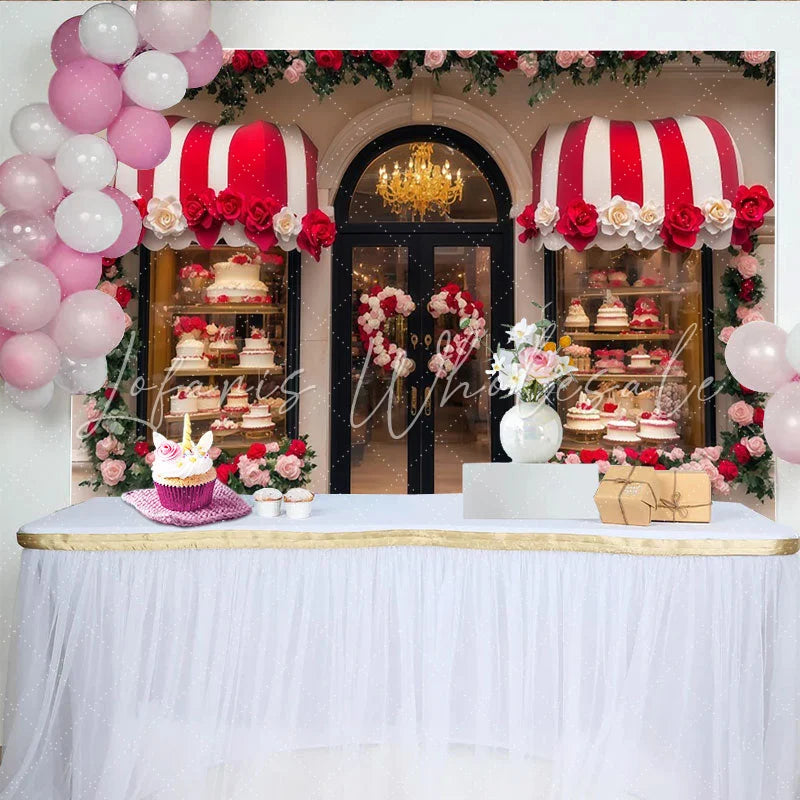 Lofaris Red and White Rose Bakery Party Backdrop Elegant Floral Shop Window for Birthday and Wedding Celebration