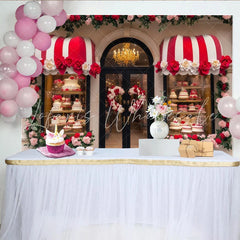 Lofaris Red and White Rose Bakery Party Backdrop Elegant Floral Shop Window for Birthday and Wedding Celebration