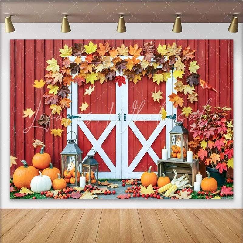 Lofaris Red Barn Door Autumn Backdrop with Maple Leaves and Pumpkins Rustic Fall Decor Background for Thanksgiving Harvest Party