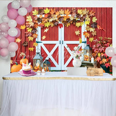 Lofaris Red Barn Door Autumn Backdrop with Maple Leaves and Pumpkins Rustic Fall Decor Background for Thanksgiving Harvest Party