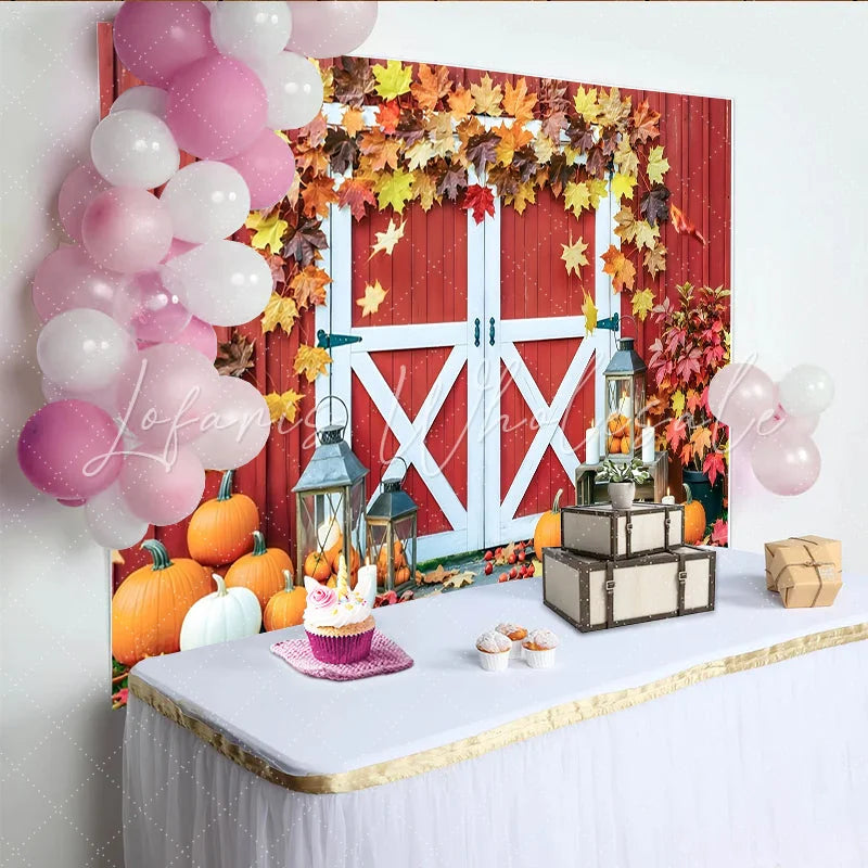 Lofaris Red Barn Door Autumn Backdrop with Maple Leaves and Pumpkins Rustic Fall Decor Background for Thanksgiving Harvest Party