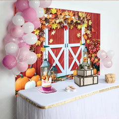 Lofaris Red Barn Door Autumn Backdrop with Maple Leaves and Pumpkins Rustic Fall Decor Background for Thanksgiving Harvest Party