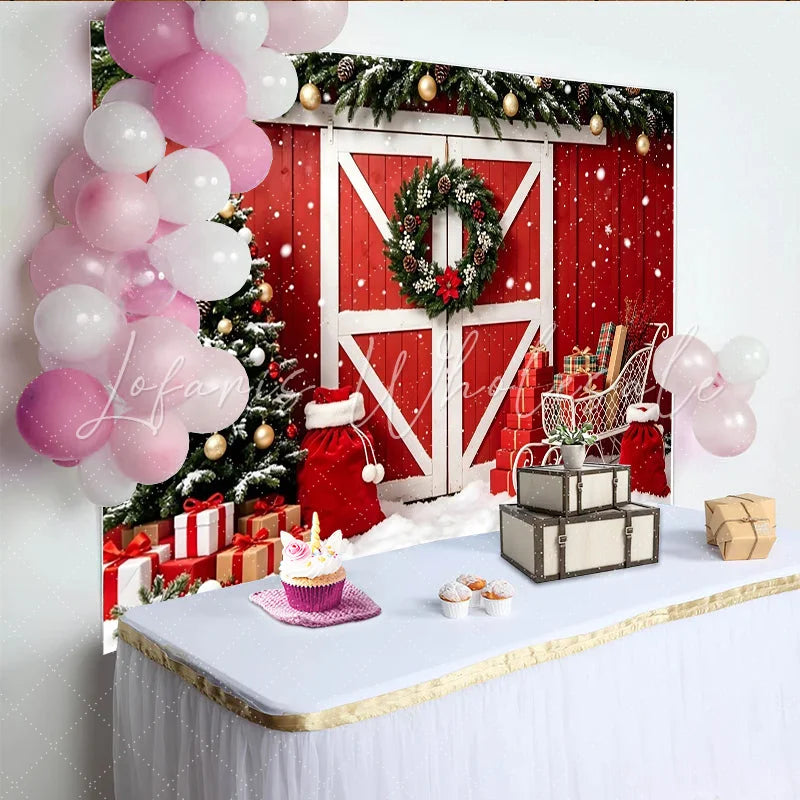 Lofaris Red Barn Door Christmas Backdrop with Snow Decorated Tree and Gifts Festive Winter Holiday Background for Photoshoot and Party Decor
