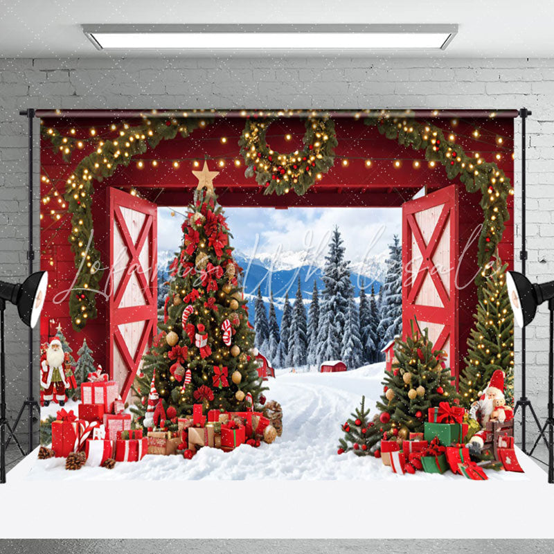 Lofaris Red Barn Door Light Wreath Forest Christmas Backdrop