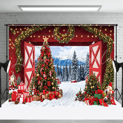 Lofaris Red Barn Door Light Wreath Forest Christmas Backdrop