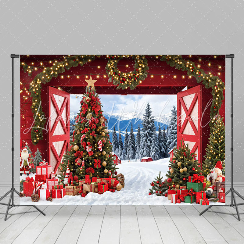 Lofaris Red Barn Door Light Wreath Forest Christmas Backdrop