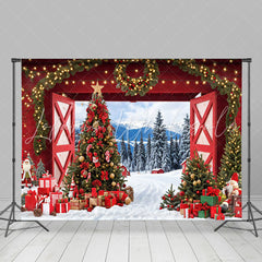 Lofaris Red Barn Door Light Wreath Forest Christmas Backdrop