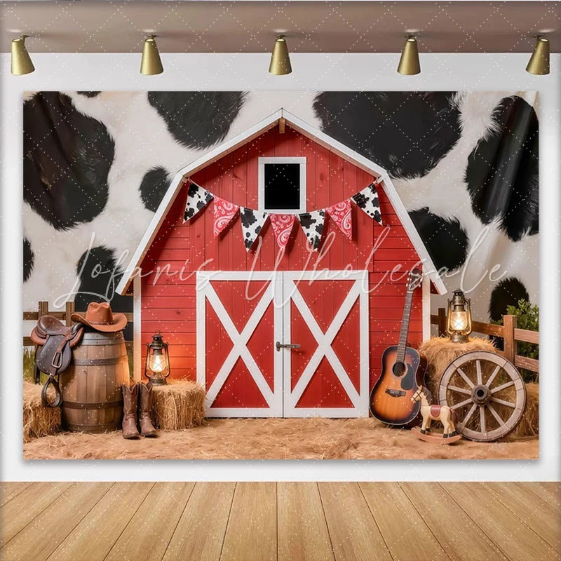 Lofaris Red Barn Western Photography Backdrop with Cow Print Rustic Studio Background for Cowboy Theme Photoshoot