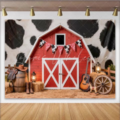 Lofaris Red Barn Western Photography Backdrop with Cow Print Rustic Studio Background for Cowboy Theme Photoshoot