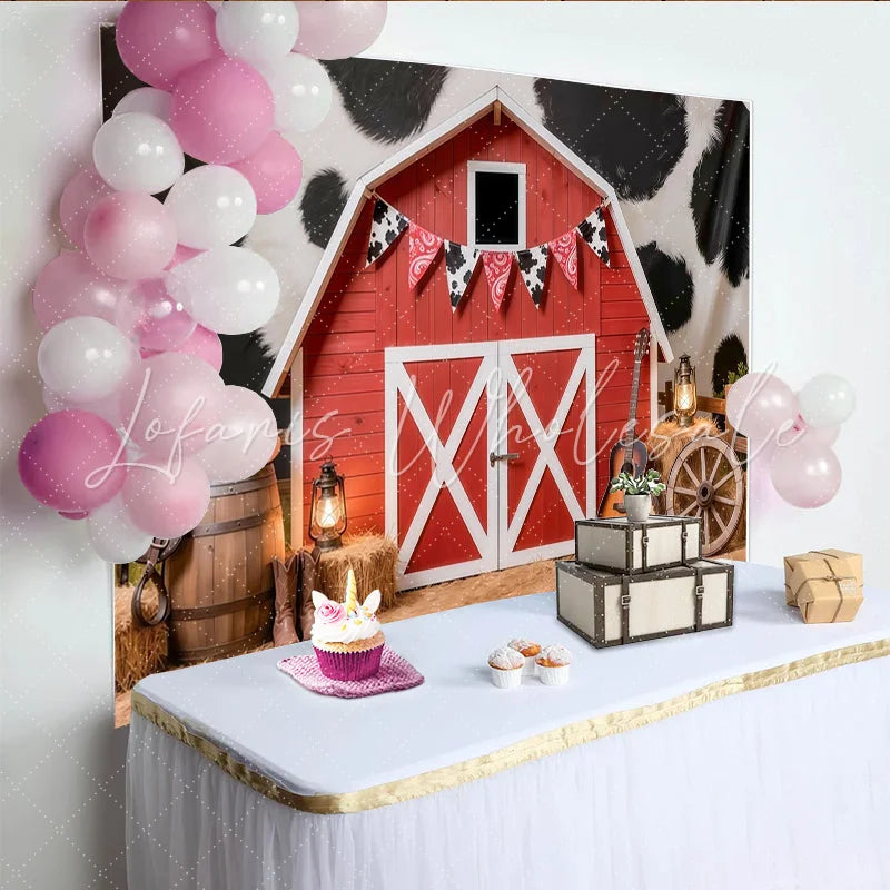 Lofaris Red Barn Western Photography Backdrop with Cow Print Rustic Studio Background for Cowboy Theme Photoshoot