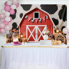 Lofaris Red Barn Western Photography Backdrop with Cow Print Rustic Studio Background for Cowboy Theme Photoshoot