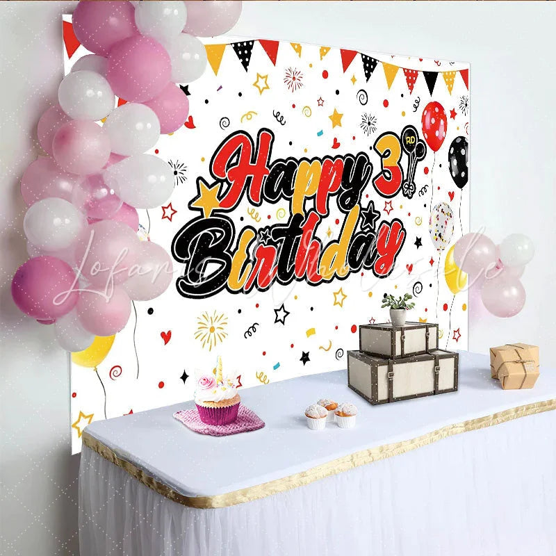 Lofaris Red Black Yellow Happy 3rd Birthday Backdrop with Balloons and Banner Colorful Party Background for Kids Photoshoot Decoration