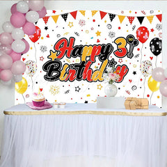 Lofaris Red Black Yellow Happy 3rd Birthday Backdrop with Balloons and Banner Colorful Party Background for Kids Photoshoot Decoration
