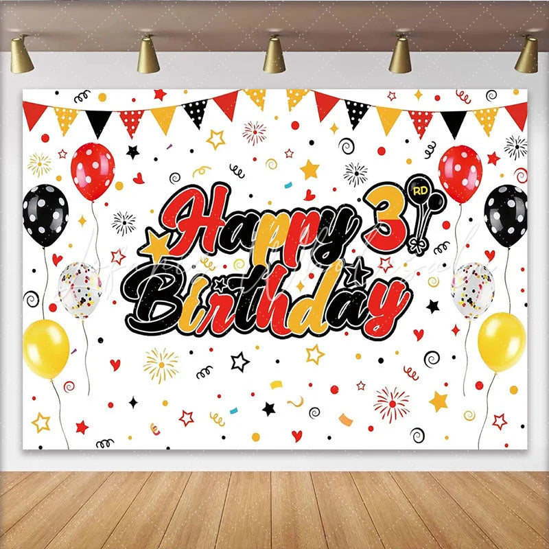 Lofaris Red Black Yellow Happy 3rd Birthday Backdrop with Balloons and Banner Colorful Party Background for Kids Photoshoot Decoration