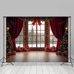 Lofaris Red Bowknot Curatin Window Winter Christmas Backdrop